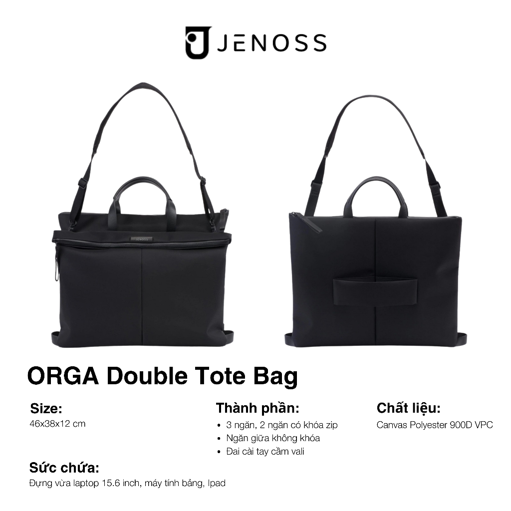 Orga Double Tote Bag - Túi đựng laptop chống nước công sở đa năng canvas đeo chéo cặp xách 14 15.6 inch hàng hiệu Jenoss