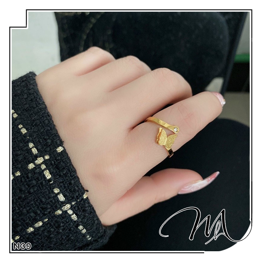 Nhẫn nữ Titan không gỉ freesize cánh bướm kim tuyến lấp lánh - Măng's House N39
