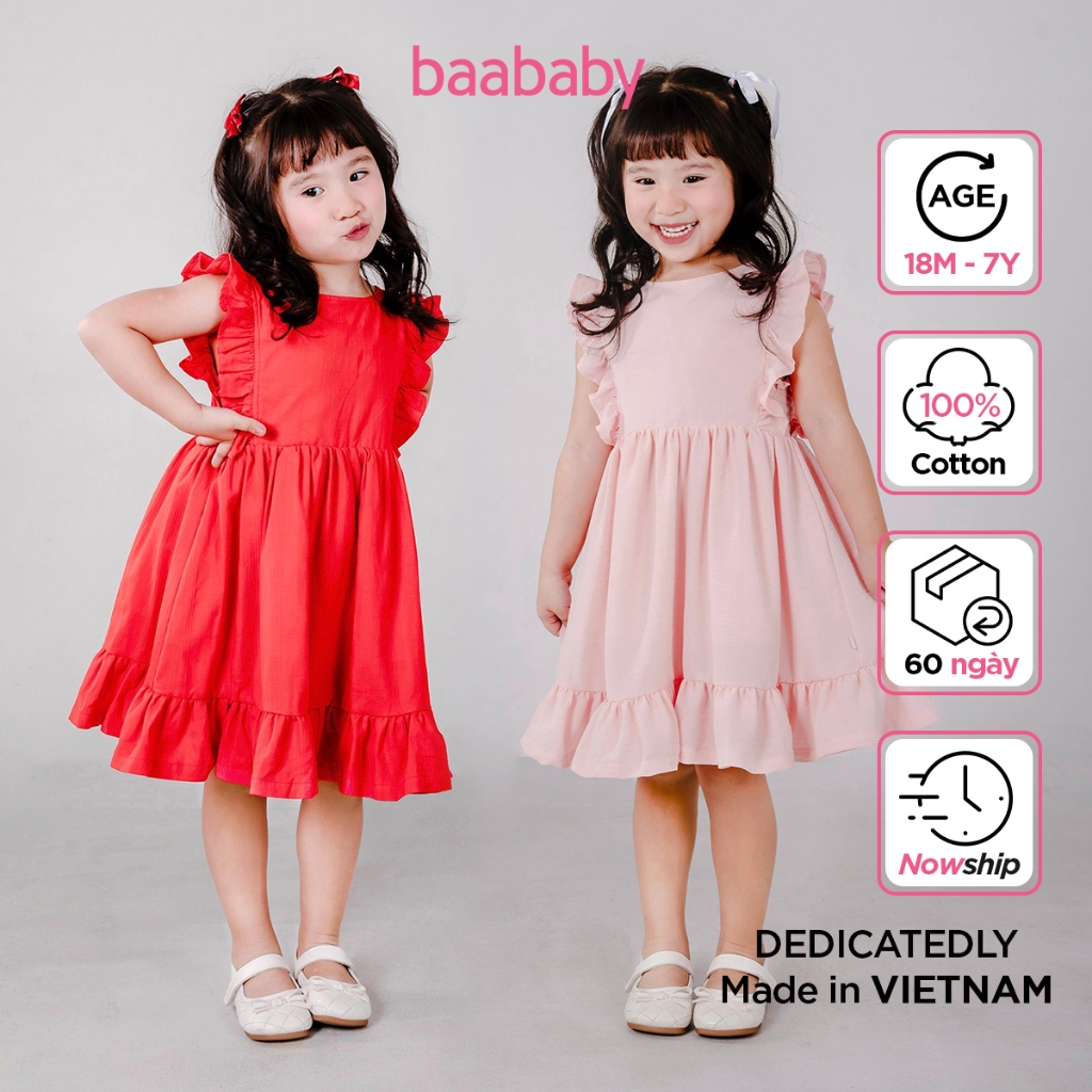 Đầm sát nách, váy kate bé gái cộc tay phối bèo nhún cho bé gái từ 1 tuổi - 7 tuổi BAA BABY - B-GT-AD55C