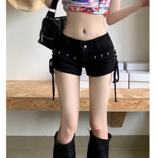 Quần đùi jean nữ Dance siêu ngắn lưng thấp Xỏ dây Quần short ngắn nữ Quần denim y2k Cạp thấp phong cách Retro