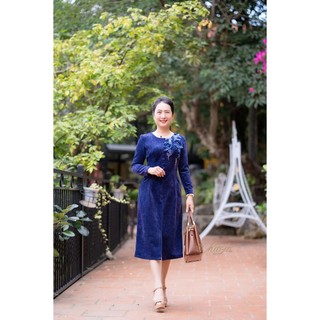 Váy trung niên/ Đầm trung niên - DV35 nhung nhám hoa ngực