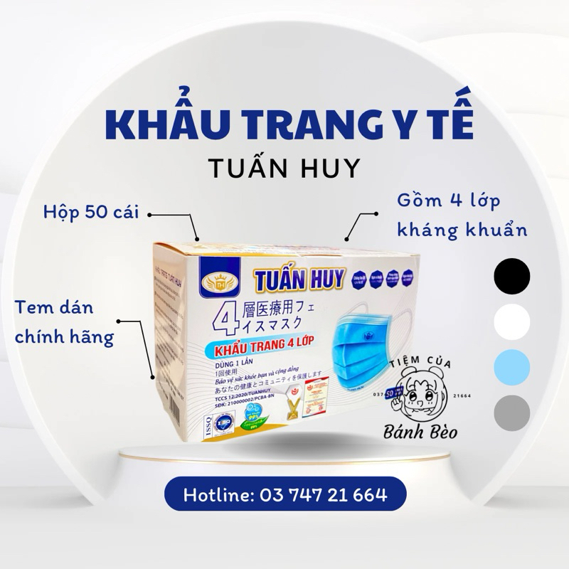 [Hộp 50 Cái] Khẩu Trang Y Tế Tuấn Huy 4 Lớp Kháng Khuẩn Dày Dặn Đủ Các Màu Trắng Xanh Đen Xám | Tiệm Của Bánh Bèo