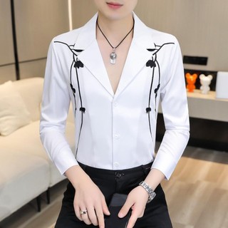 Áo sơ mi nam cổ vest thêu họa tiết hoa lá cành phong cách lịch lãm sang chảnh N53