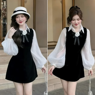 Set áo sơ mi tay bồng kèm yếm váy nhung HOT HIT phong cách Hàn Quốc, Sét áo sơ mi tay bồng kèm yếm váy nhung