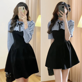 Váy sơ mi kẻ xanh dáng ngắn tay dài phối kẻ , Váy sơ mi kẻ xanh tay dài dáng xòe kèm nơ tiểu thư