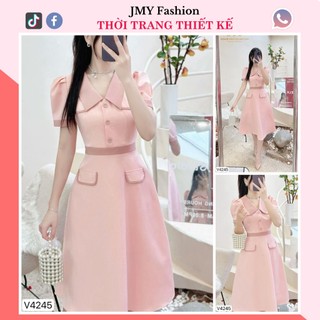 V4245 Váy đầm hồng pastel cổ sơ mi công sở [Dolce Viva Colection (DVC)] váy A xòe hồng nữ tính