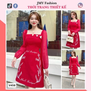 V458 Váy đầm đỏ cổ vuông dáng A sang chảnh váy đỏ thêu hoa trắng tay dài tiểu thư