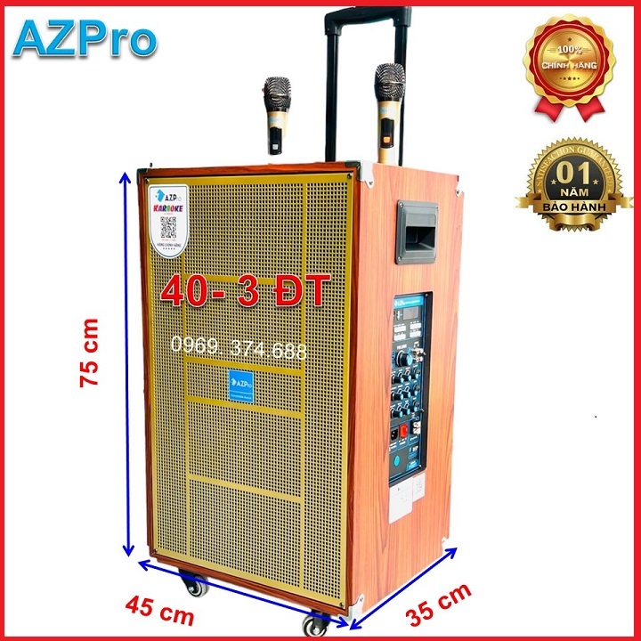 Loa kéo Bluetooth chính hãng AZPRO,AZ-16-A Pro bass 40-3 đường tiếng,Mạch reverb,thùng gỗ cao cấp, kèm 2 mic không dây