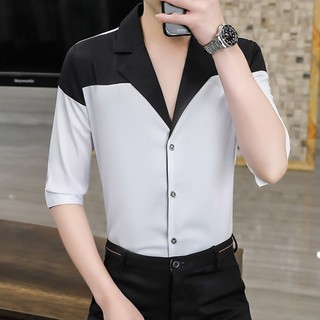 Áo sơ mi nam tay lỡ cổ vest phối màu đen trắng mặc lên cực chất chuẩn zai Hàn T1
