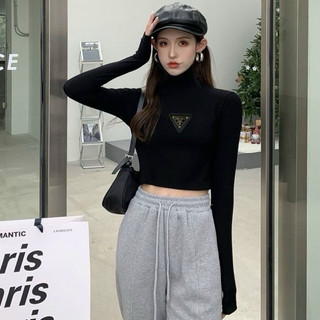 Áo croptop cổ lọ tay dài gắn logo sang xịn cl57