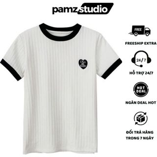 Áo baby tee thun nữ cotton tay ngắn hình thêu sắc nét phối viền đen trẻ trung  Pamz Studio
