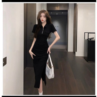 đầm polo nữ thun gân suông dáng dài xẻ tà phối rút dây gb