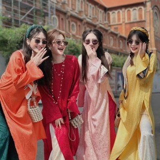 ÁO DÀI BIGSIZE GẤM VÀ QUẦN PHỐI MÀU (L-2XL)