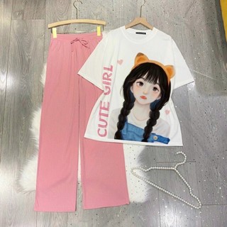  Set áo thun form rộng tay lỡ quần GÂN TĂM ống suông dáng dài Molly Fashion