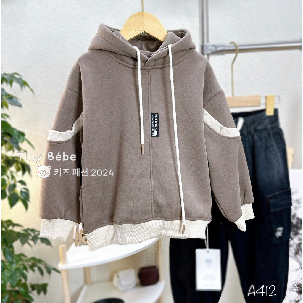 (A412) Áo hoodie nỉ lót phối nâu be Hàn Quốc 20-35kg - Tiny Bébe