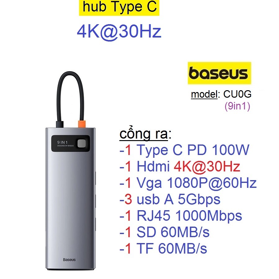 Hub chuyển đổi Type c to HDMi 4K@30Hz Baseus 9in1 Metal Gleam Series (CU0G)
