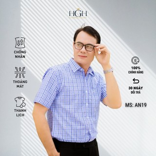 Áo Sơ Mi Trung Niên Nam Ngắn Tay Dáng Suông Vạt Ngang HGH FASHION Họa Tiết Kẻ Caro Màu Xanh Trắng Vải Cotton Cao Cấp