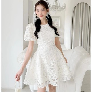 Đầm nữ bigsize dự tiệc phối ren tay phồng , Váy nữ dự tiệc size to