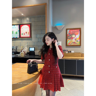 Váy tweed đỏ đuôi xếp ly C'est lavie