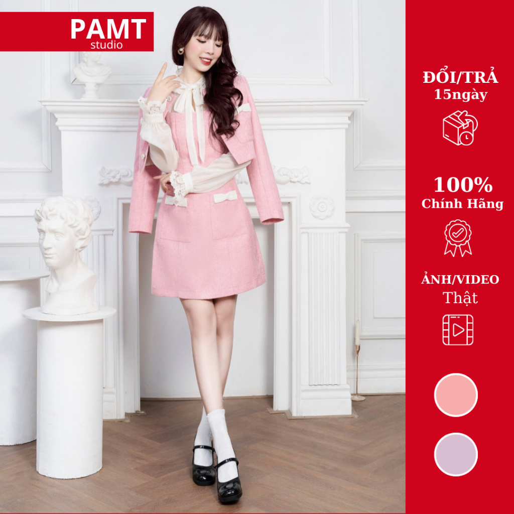 Set bộ PAMT Thiết kế áo khoác và đầm julie màu hồng chất liệu tweed cao cấp - 225