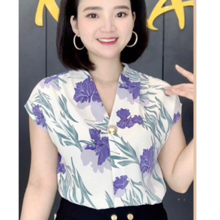 Áo sơ mi nữ ngắn tay hoạ tiết hoa ms24