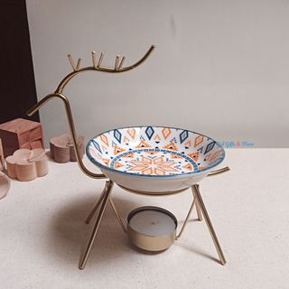 Bộ đèn đốt tinh dầu khung sắt hình hươu sắt mạ vàng phong cách vintage đĩa đựng 50ml-60ml Đèn đốt nến đèn xông tinh dầu