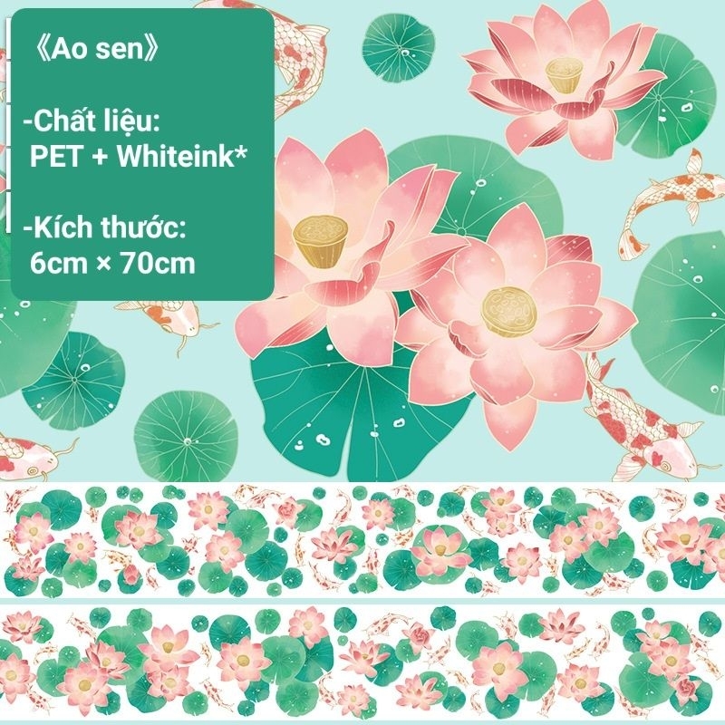 (Chiết chu kì) băng dính PET nền trong [Ao sen] washi hình dán sticker hoa lá cổ trang cổ phong