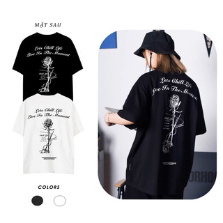 Áo Thun Cộc Tay Chất Cotton Form Rộng Unisex In Hình Hoa Hồng 2 Mặt