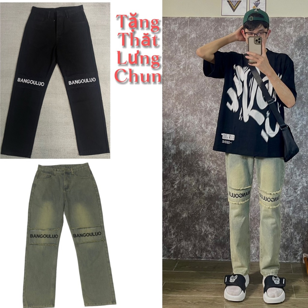 QUẦN ỐNG RỘNG DEMIM THÊU CHỮ BANGOULU.O SIÊU HOT MÃ 001