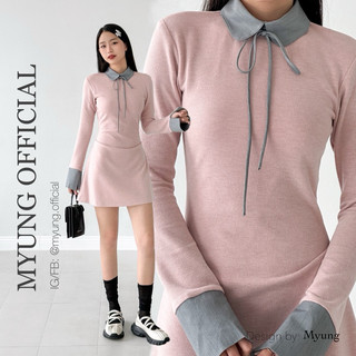 MYUNG - Đầm len dệt lông thỏ hồng phối cổ sơ mi và tay xám - MIUMIU DRESS