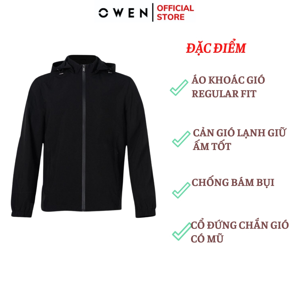 Áo khoác gió nam Owen JK221555 jacket nhẹ 2 lớp màu đen vải polyester cao cấp dáng regular fit có mũ tay chun gấu suông