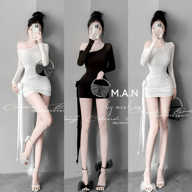 Đầm body nhúng lệch vai phối tà đính hoa xinh xỉu