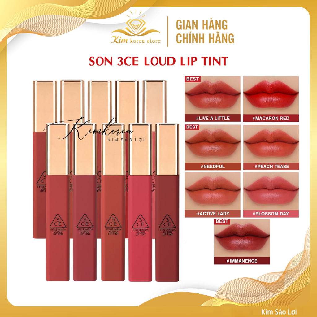 Son kem lì 3CE Cloud Lip Tint⚡CHÍNH HÃNG⚡nhẹ môi, lâu trôi, màu trendy, hiệu ứng tint mờ lì siêu mịn