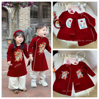 -YVN-Set áo dài cặp cách tân hình in sắc nét cho bé trai bé gái diện tết