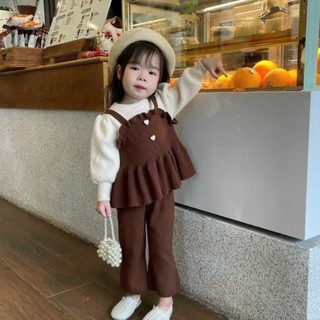 BK23- Bộ quần áo yếm bèo loe chất len tăm 2 màu Hồng - Nâu cho bé gái diện thu đông xinh dễ thương 8 -30kg