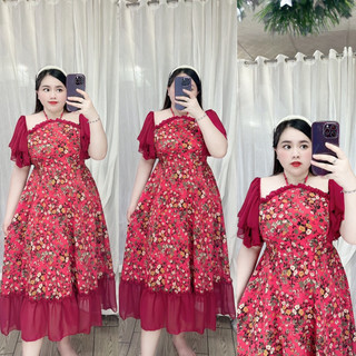 [Bigsize 60-90kg] Váy Cổ Yếm Cánh Tiên Lụa Mango Phối Chiffon