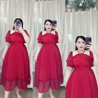 [Bigsize 60-90kg] Váy Cổ Yếm Cánh Tiên Lụa Mango Phối Chiffon