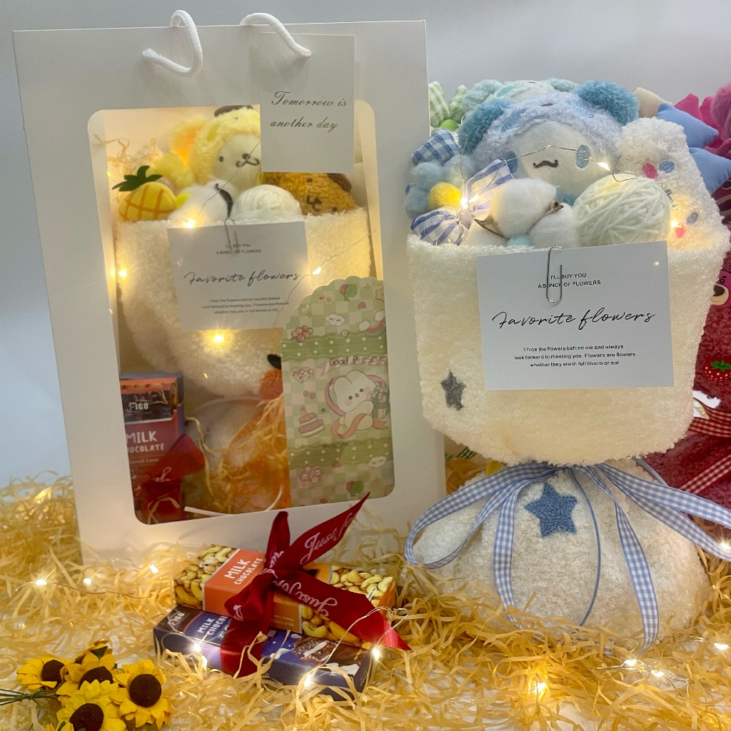 Bó Hoa Búp Bê Hoạt Hình Nhồi Bông Dễ Thương Làm Quà Tặng Sinh Nhật Valentine - Kèm Túi + Thiệp + Đèn