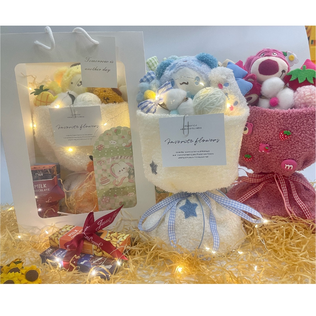 Bó Hoa Búp Bê Hoạt Hình Nhồi Bông Dễ Thương Làm Quà Tặng Sinh Nhật Valentine - Kèm Túi + Thiệp + Đèn