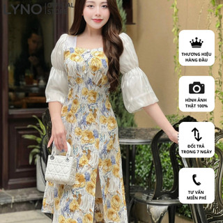 Đầm tay phồng LYNO chất mango in hoa không nhăn, trẻ trung, thời trang_AB0257
