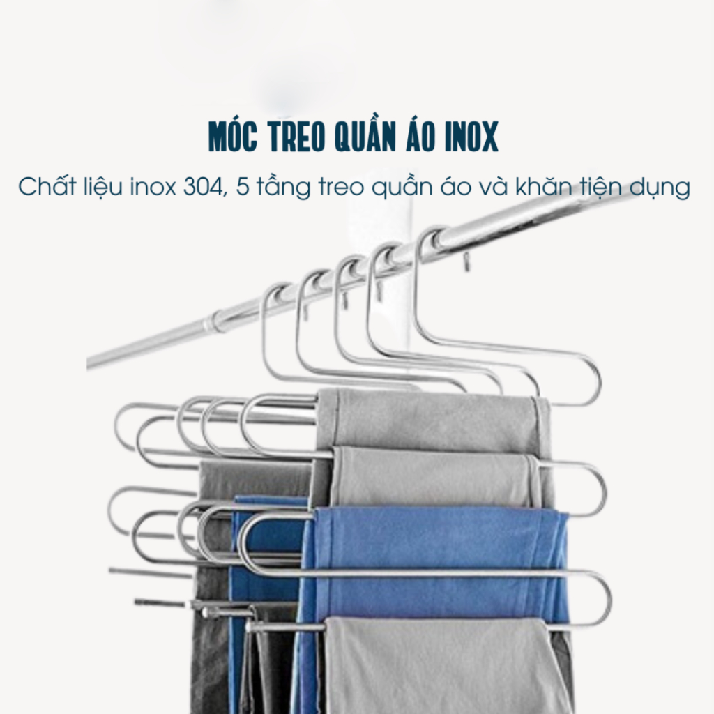 Combo 5 móc treo quần áo 5 tầng thông minh đa năng tiện dụng, inox 304 chịu lực cao tiết kiệm không gian