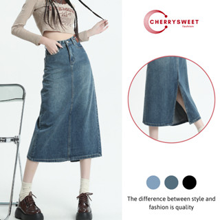  Chân váy jean dài xẻ sau CHERRYSWEET chân váy bò cạp cao dáng chữ a màu xanh phong cách ulzzang T082 