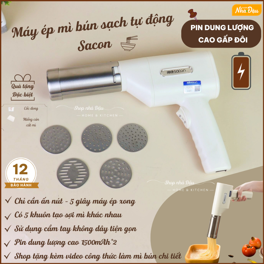 Máy làm mì tươi Sacon tự động - Máy làm bún tươi tại nhà nhanh và dễ - Máy làm mì sợi cầm tay Sacon chính hãng - BHTHÁNG