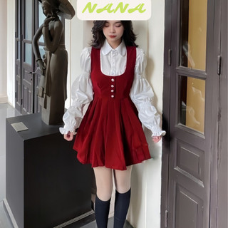 Set áo sơ mi yếm nhung tay bồng dáng xòe công chúa, Set váy đính cúc vải nhung đứng form cứng đẹp hottrend Nanashop