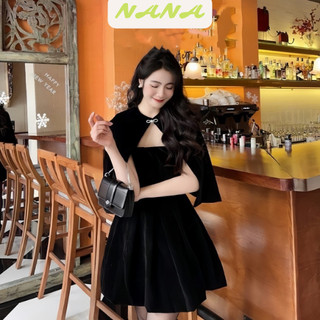 Set áo váy nhung xòe form cứng điệu đà , sét váy nhung kèm áo choàng đính nơ Nanashop