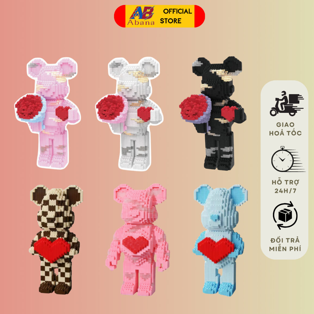 LEGO BEARBRICK 35CM, Xếp Hình Gấu Bearbrick Abana Mẫu Tình Yêu/Trái Tim/Cầm Hoa/Vũ Trụ/Phi Hành Gia/Camel, Tặng Đèn Búa