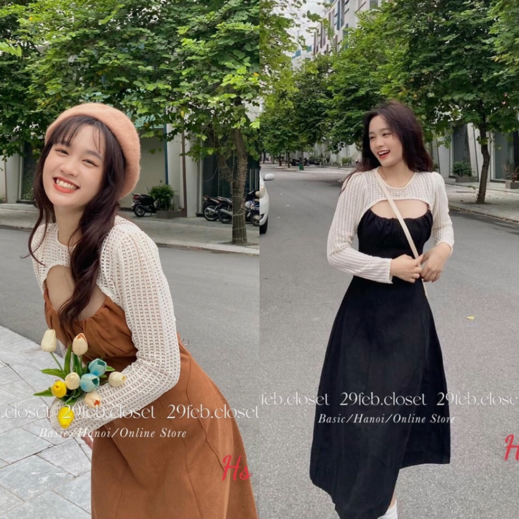 Set váy nhung 2 dây kèm áo cardigan len khoét ngực, đầm 2 dây kèm áo khoác ngoài AS74