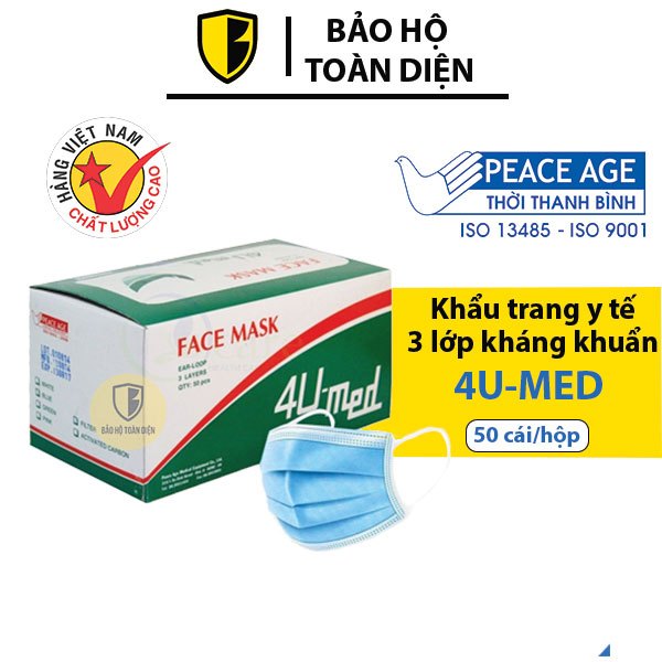 [Hộp 50 cái] Khẩu trang Y tế 4U Med 3 lớp kháng khuẩn, thoải mái