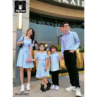 Set Sơ Mi Váy Gia Đình FIGTREE Xanh Nhạt Nhã Nhặn