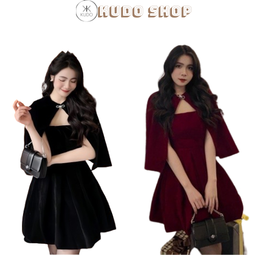 Set váy nhung kèm áo choàng sang chảnh, set đầm nhung cứng form đính nơ hottrend Hàn Quốc Kudoshop